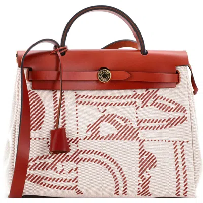 Pre-owned Hermes  Hermes Herbag Zip Relief Brides De Gala Toile And Leather 31 In Brown