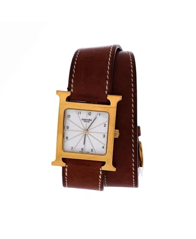 Pre-owned Pre-owned Hermes  Hermes Heure H Double Tour Quartz Watch In Plated Metal And Leather 26mm In White