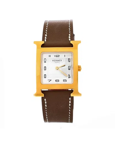 Pre-owned Pre-owned Hermes  Hermes Heure H Quartz Watch In Plated Metal And Leather 26mm In Dial Color: White