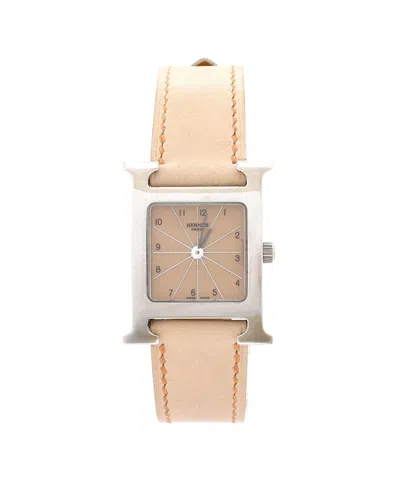 Pre-owned Hermes  Hermes Heure H Quartz Watch In Stainless Steel And Leather 21mm In Dial Color: Brown