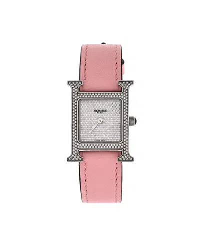 Pre-owned Pre-owned Hermes  Hermes Heure H Quartz Watch In Stainless Steel And Leather With Diamond Bezel And Pave Dia In Silver