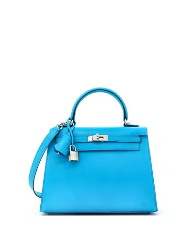 Pre-owned Pre-owned Hermes  Hermes Kelly 25 Handbag Blue Chevre Chamkila With Palladium Hardware