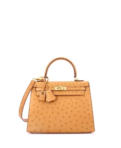 Pre-owned Pre-owned Hermes  Hermes Kelly 25 Handbag Brown Ostrich With Gold Hardware