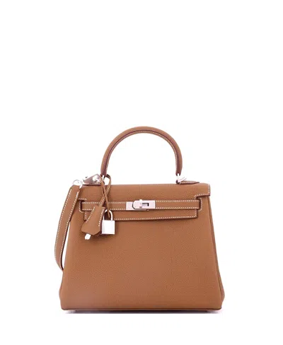 Pre-owned Pre-owned Hermes  Hermes Kelly 25 Handbag Brown Togo With Brushed Palladium Hardware In Gold