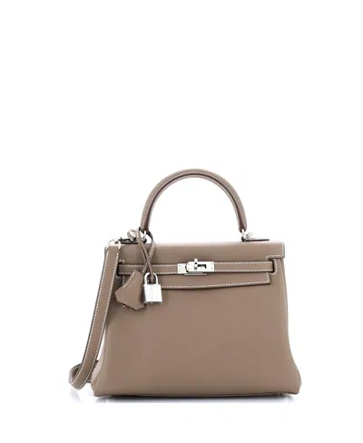 Pre-owned Pre-owned Hermes  Hermes Kelly 25 Handbag Grey Swift With Palladium Hardware In Etoupe