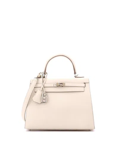 Pre-owned Pre-owned Hermes  Hermes Kelly 25 Handbag Light Epsom With Palladium Hardware In White