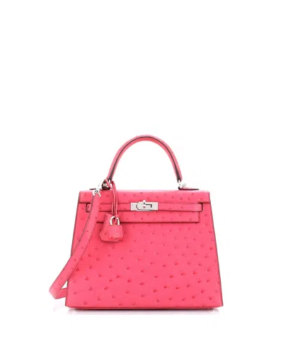Pre-owned Pre-owned Hermes  Hermes Kelly 25 Handbag Pink Ostrich With Palladium Hardware In Rose Tyrien