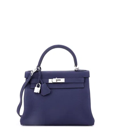 Pre-owned Pre-owned Hermes  Hermes Kelly 28 Handbag Blue Clemence With Palladium Hardware