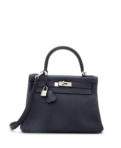 Pre-owned Pre-owned Hermes  Hermes Kelly 28 Handbag Blue Togo With Palladium Hardware In Bleu Nuit