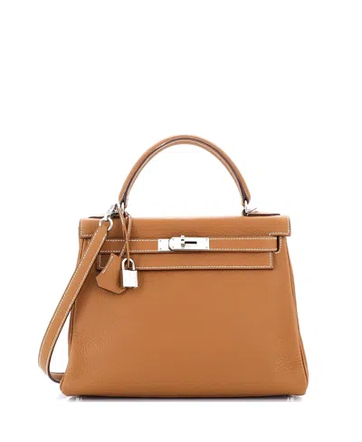 Pre-owned Pre-owned Hermes  Hermes Kelly 28 Handbag Brown Clemence With Palladium Hardware In Gold