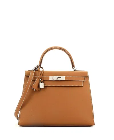 Pre-owned Pre-owned Hermes  Hermes Kelly 28 Handbag Brown Epsom With Palladium Hardware In Gold