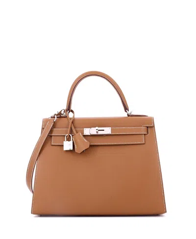 Pre-owned Pre-owned Hermes  Hermes Kelly 28 Handbag Brown Epsom With Palladium Hardware In Gold