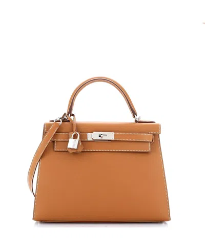 Pre-owned Pre-owned Hermes  Hermes Kelly 28 Handbag Brown Epsom With Palladium Hardware In Gold