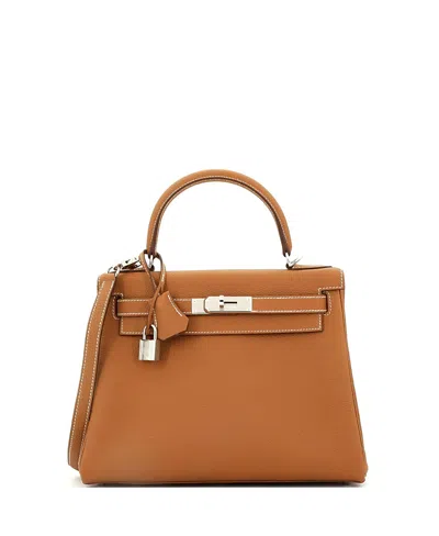 Pre-owned Pre-owned Hermes  Hermes Kelly 28 Handbag Brown Togo With Palladium Hardware In Gold