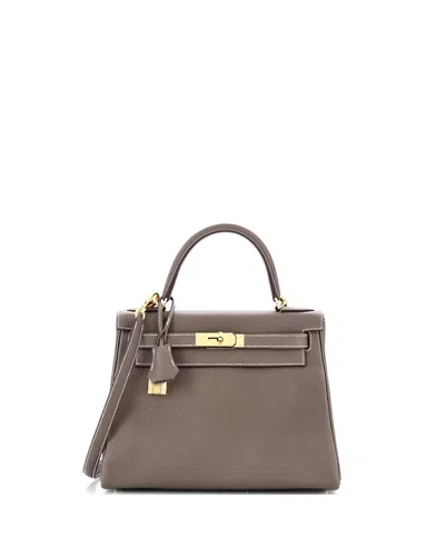 Pre-owned Pre-owned Hermes  Hermes Kelly 28 Handbag Grey Clemence With Gold Hardware In Etoupe