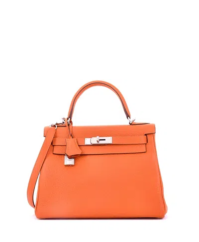 Pre-owned Pre-owned Hermes  Hermes Kelly 28 Handbag Orange Clemence With Palladium Hardware