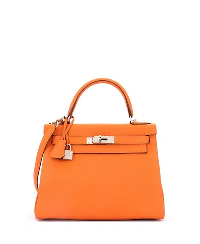 Pre-owned Pre-owned Hermes  Hermes Kelly 28 Handbag Orange Clemence With Palladium Hardware In Orange H