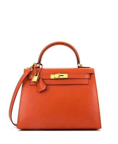 Pre-owned Pre-owned Hermes  Hermes Kelly 28 Handbag Orange Tadelakt With Gold Hardware In Brown