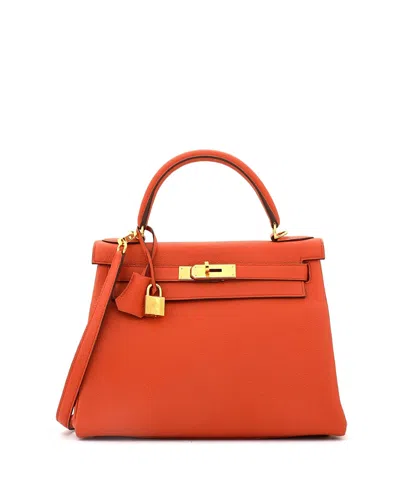 Pre-owned Pre-owned Hermes  Hermes Kelly 28 Handbag Orange Togo With Gold Hardware