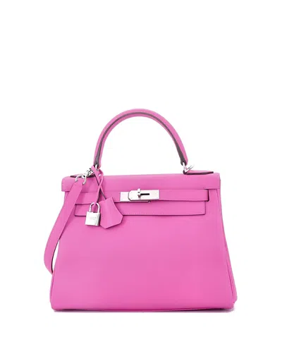Pre-owned Pre-owned Hermes  Hermes Kelly 28 Handbag Pink Evercolor With Palladium Hardware In White