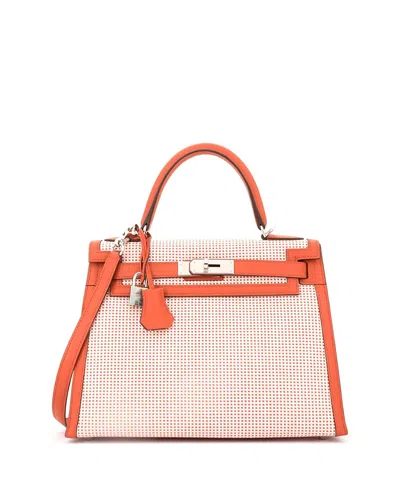 Pre-owned Pre-owned Hermes  Hermes Kelly 28 Handbag Quadrille Canvas And Orange Swift With Palladium Hardware In Brown