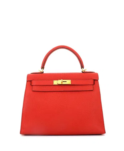 Pre-owned Pre-owned Hermes  Hermes Kelly 28 Handbag Red Chevre De Coromandel With Gold Hardware