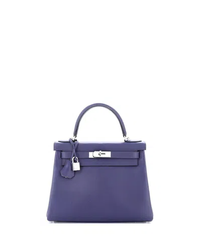 Pre-owned Pre-owned Hermes  Hermes Kelly 28 Handbag Verso Evercolor With Palladium Hardware In Verso - Bleu Encre/mauve Sylvestre