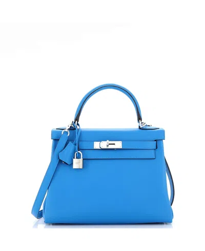 Pre-owned Pre-owned Hermes  Hermes Kelly 28 Handbag Verso Evercolor With Palladium Hardware In Verso - Bleu Frida/bleu De Malte