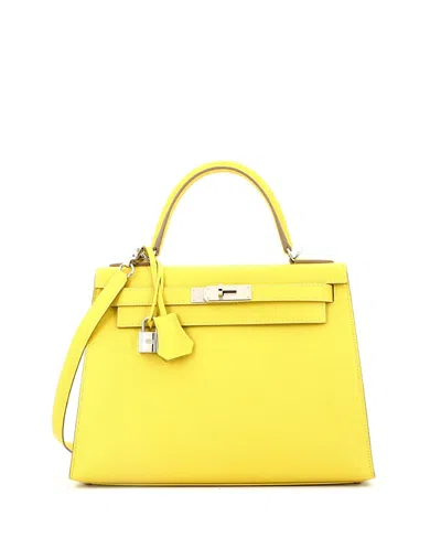 Pre-owned Pre-owned Hermes  Hermes Kelly 28 Handbag Yellow Epsom With Palladium Hardware In Green