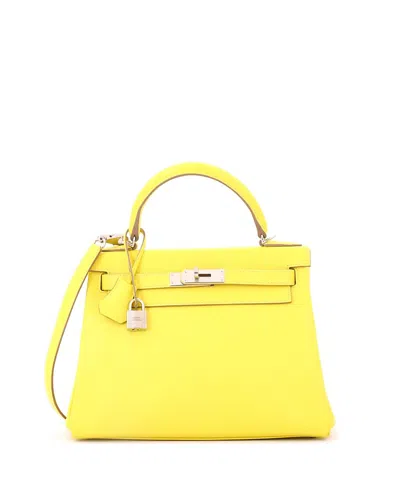 Pre-owned Pre-owned Hermes  Hermes Kelly 28 Handbag Yellow Evercolor With Palladium Hardware In Green