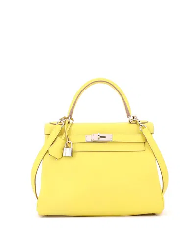 Pre-owned Pre-owned Hermes  Hermes Kelly 28 Handbag Yellow Evercolor With Palladium Hardware In Green