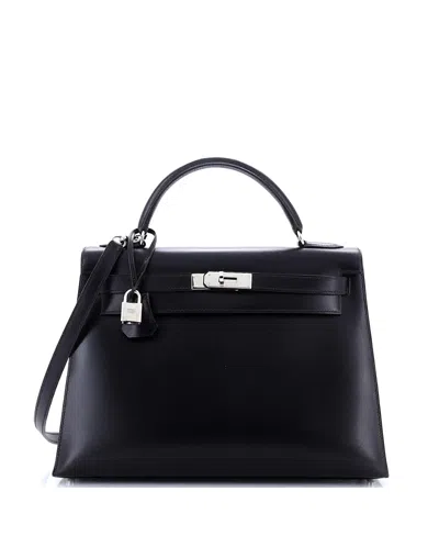 Pre-owned Pre-owned Hermes  Hermes Kelly 32 Handbag Black Box Calf With Palladium Hardware In Noir