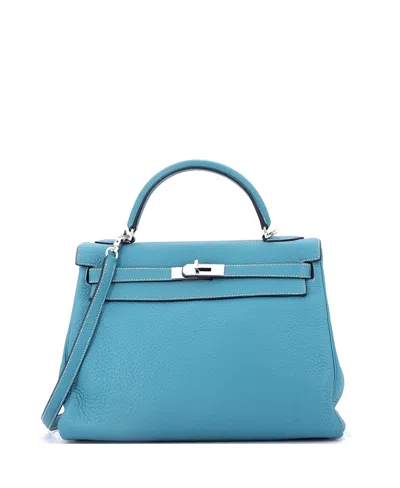 Pre-owned Pre-owned Hermes  Hermes Kelly 32 Handbag Blue Clemence With Palladium Hardware
