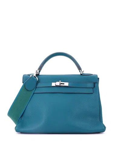 Pre-owned Pre-owned Hermes  Hermes Kelly 32 Handbag Blue Clemence With Palladium Hardware
