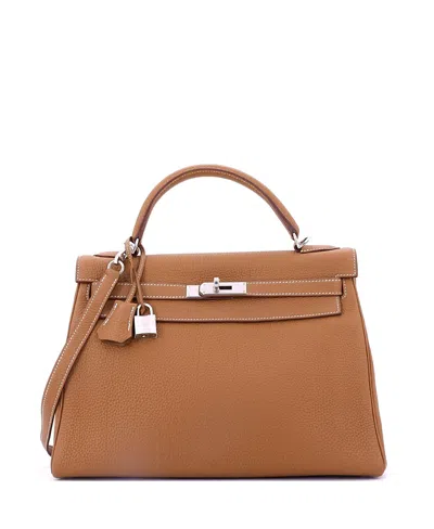 Pre-owned Pre-owned Hermes  Hermes Kelly 32 Handbag Brown Togo With Palladium Hardware In Gold