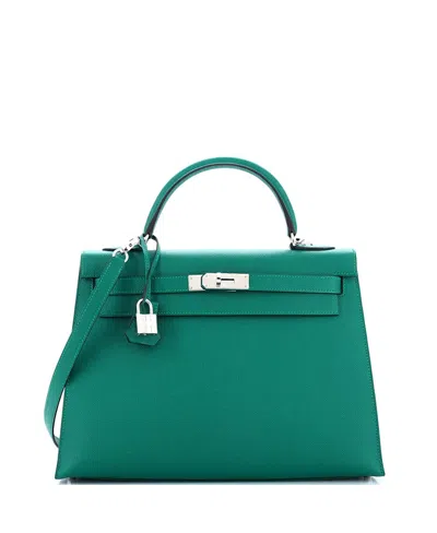 Pre-owned Pre-owned Hermes  Hermes Kelly 32 Handbag Green Epsom With Palladium Hardware In Malachite