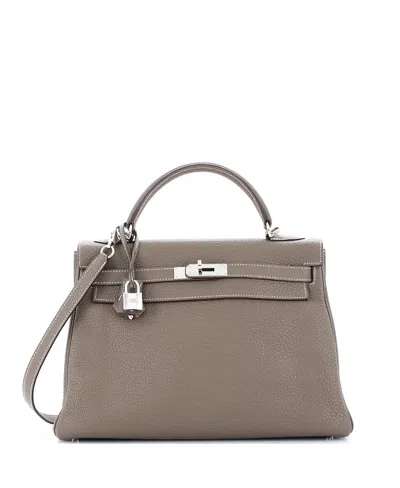 Pre-owned Pre-owned Hermes  Hermes Kelly 32 Handbag Grey Clemence With Palladium Hardware In Etoupe
