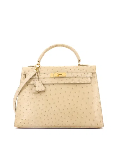 Pre-owned Pre-owned Hermes  Hermes Kelly 32 Handbag Light Ostrich With Gold Hardware In White