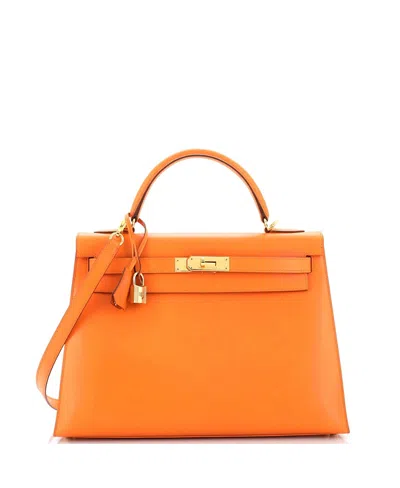 Pre-owned Pre-owned Hermes  Hermes Kelly 32 Handbag Orange Box Calf With Gold Hardware In Orange H