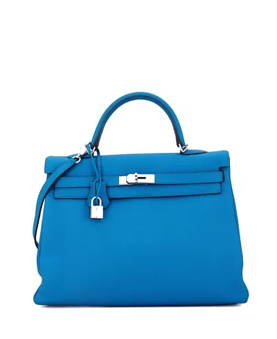 Pre-owned Pre-owned Hermes  Hermes Kelly 35 Handbag Blue Clemence With Palladium Hardware
