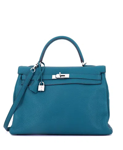 Pre-owned Pre-owned Hermes  Hermes Kelly 35 Handbag Blue Clemence With Palladium Hardware