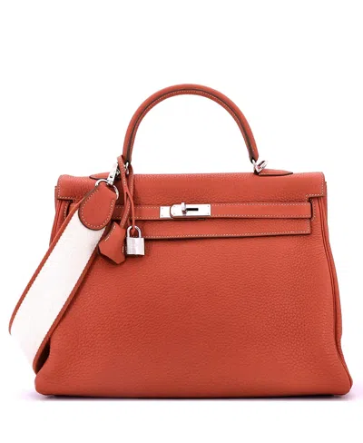 Pre-owned Pre-owned Hermes  Hermes Kelly 35 Handbag Orange Clemence With Palladium Hardware In Red