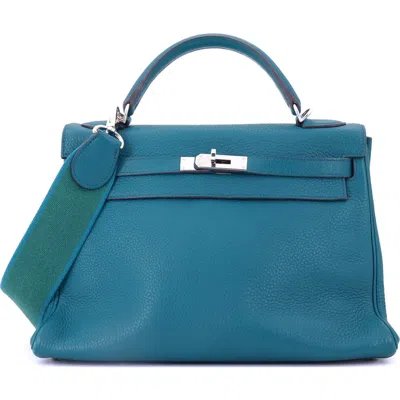 Pre-owned Hermes  Hermes Kelly Amazone Handbag Blue Clemence With Palladium Hardware 32