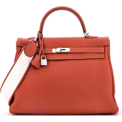 Pre-owned Hermes  Hermes Kelly Amazone Handbag Orange Clemence With Palladium Hardware 35 In Red