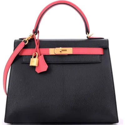 Pre-owned Hermes  Hermes Kelly Handbag Bicolor Chevre Mysore With Brushed Gold Hardware 28
