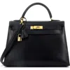 Pre-owned Hermes  Hermes Kelly Handbag Black Box Calf With Gold Hardware 32 In Black