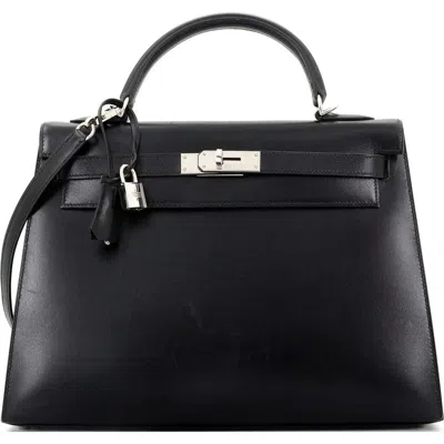 Pre-owned Hermes  Hermes Kelly Handbag Black Box Calf With Palladium Hardware 32