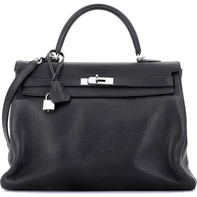 Pre-owned Hermes  Hermes Kelly Handbag Black Clemence With Palladium Hardware 35