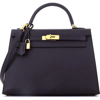 Pre-owned Hermes  Hermes Kelly Handbag Black Epsom With Gold Hardware 32 In Blue
