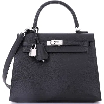 Pre-owned Hermes  Hermes Kelly Handbag Black Epsom With Palladium Hardware 25